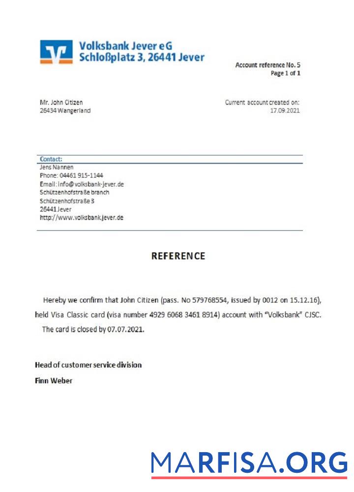 Printable Germany Volksbank closure reference real example